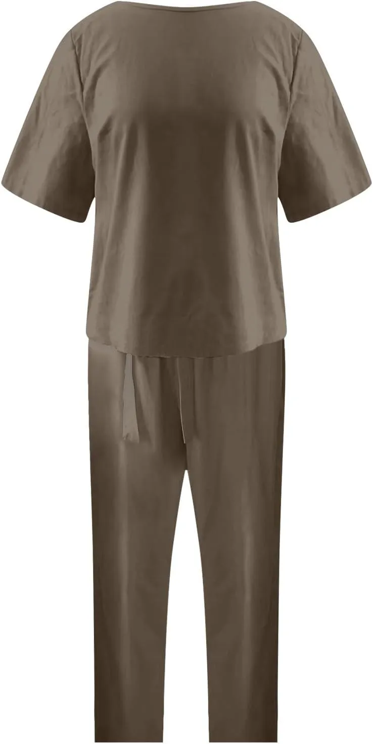 2 Piece Outfits for Women Summer Cotton Linen Casual Matching Set Short Sleeve T Shirts and Capri Pants with Pockets 2024