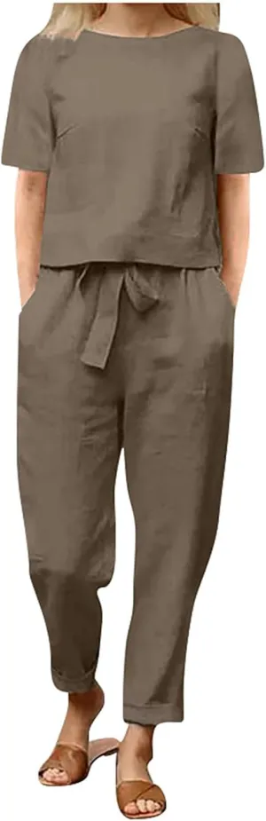 2 Piece Outfits for Women Summer Cotton Linen Casual Matching Set Short Sleeve T Shirts and Capri Pants with Pockets 2024