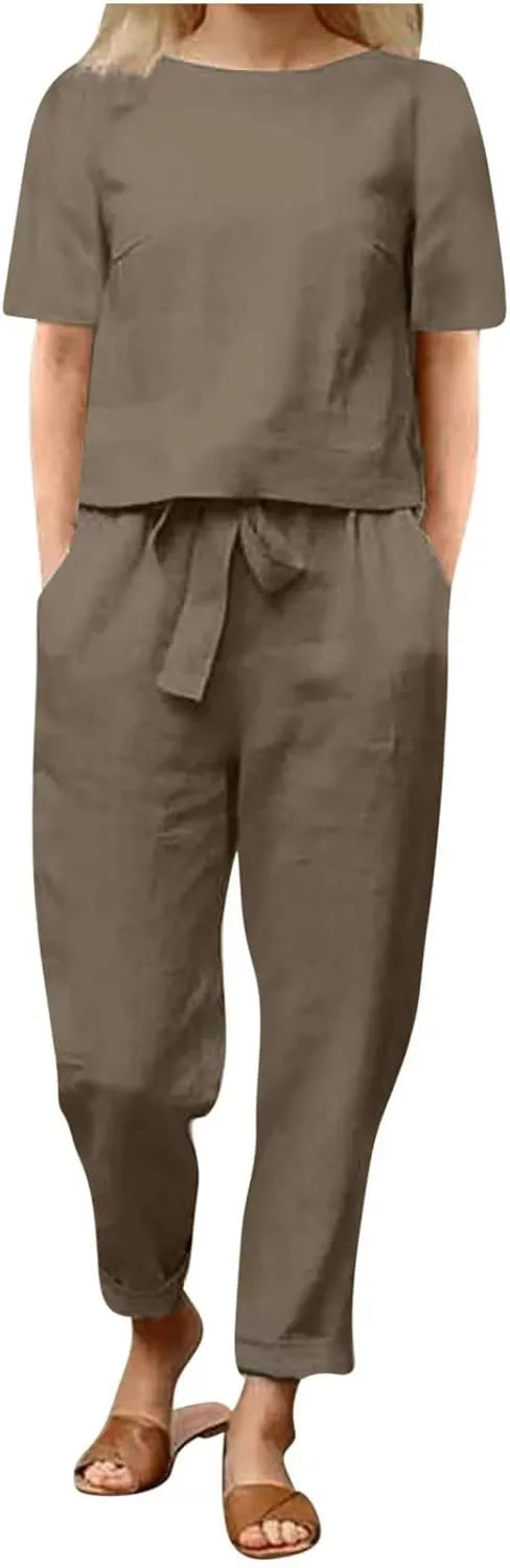 2 Piece Outfits for Women Summer Cotton Linen Casual Matching Set Short Sleeve T Shirts and Capri Pants with Pockets 2024