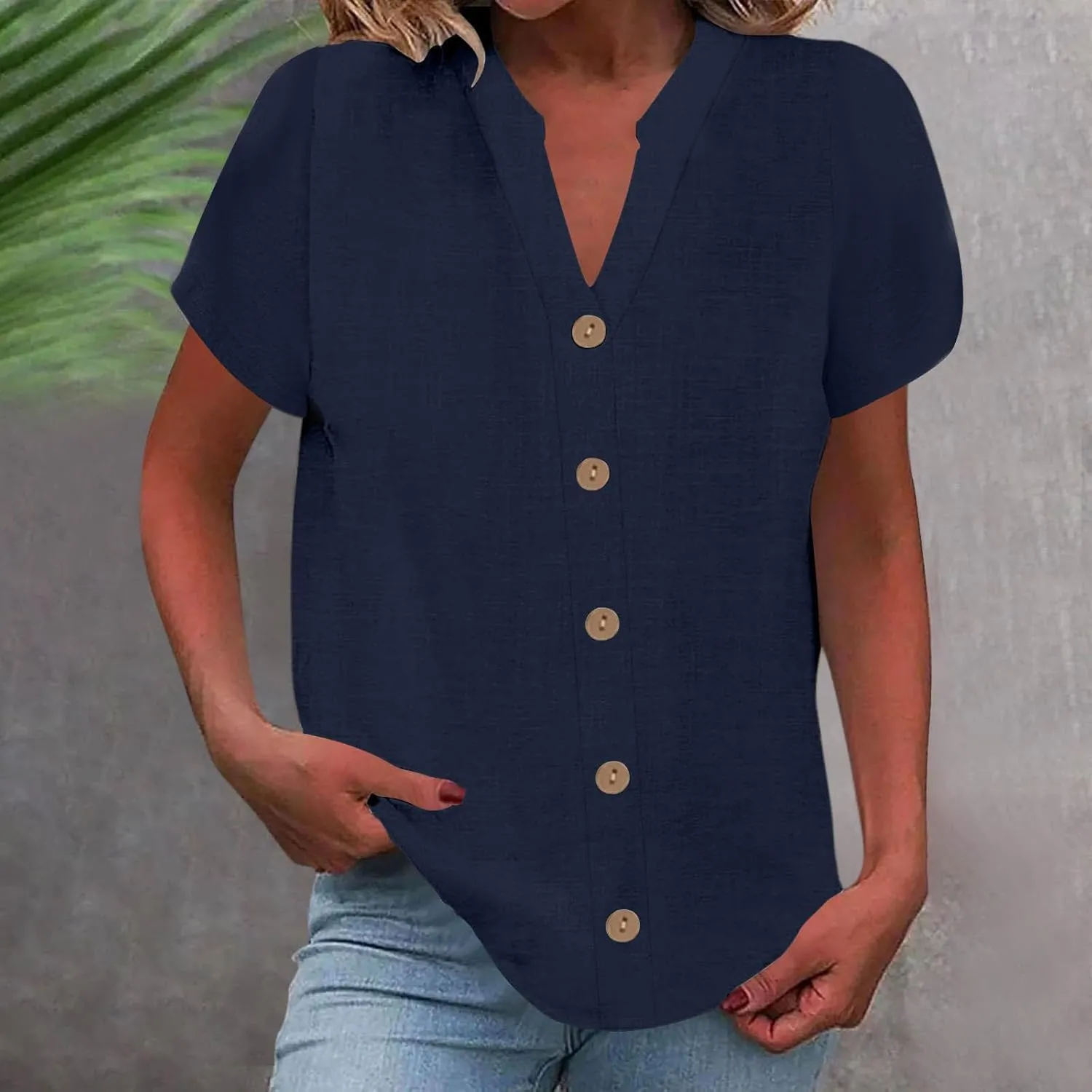 2025 Summer Blouses for Women Cool Cotton Linen V-Neck Short Sleeves Button Tops Casual Comfy Loose Solid T-Shirts