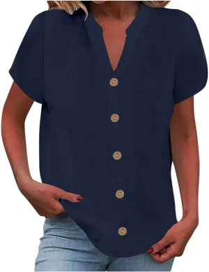 2025 Summer Blouses for Women Cool Cotton Linen V-Neck Short Sleeves Button Tops Casual Comfy Loose Solid T-Shirts