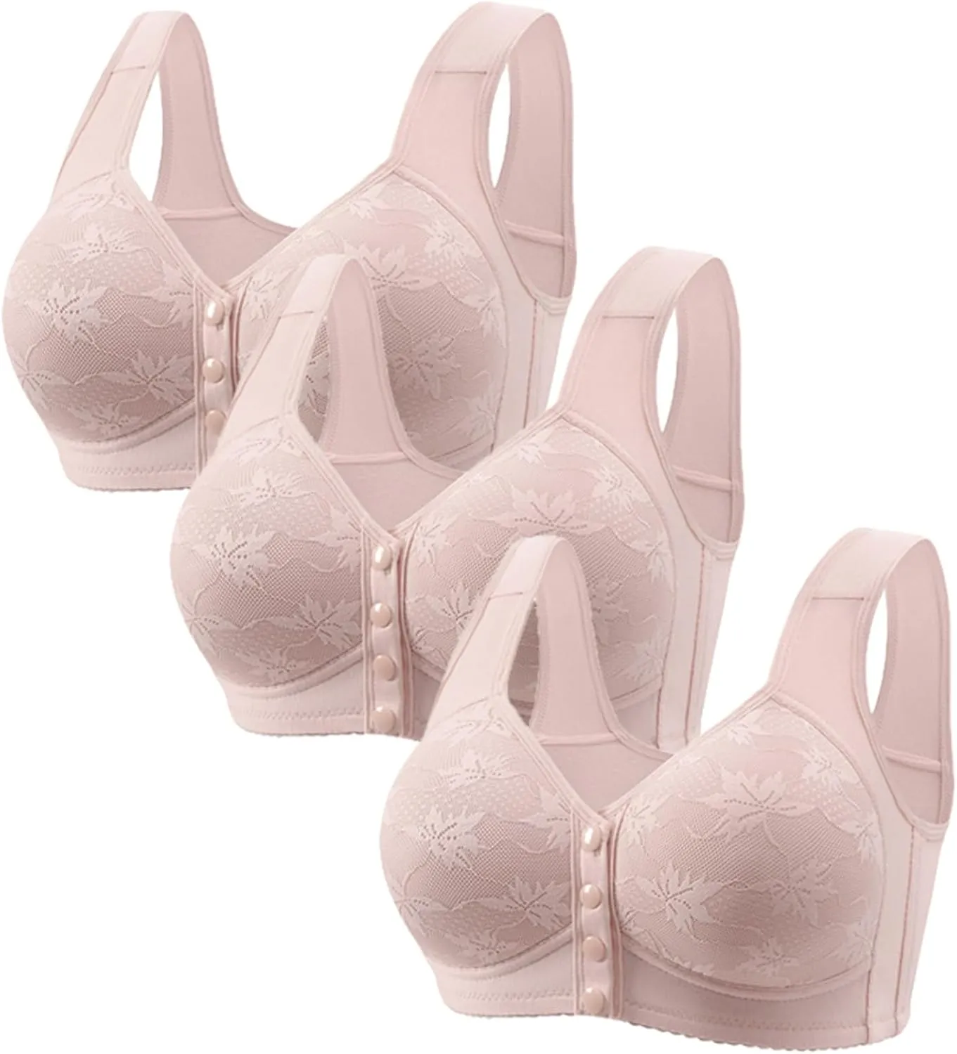 3 Pack Daisy Bras for Older Women Front Button Support and Lift Plus Size Bralettes Full Coverage Underwear