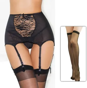 3 Piece Lace Garter Belt Sets for Women G-String Thongs and Stockings Set See Through Lingerie High Waist Suspender