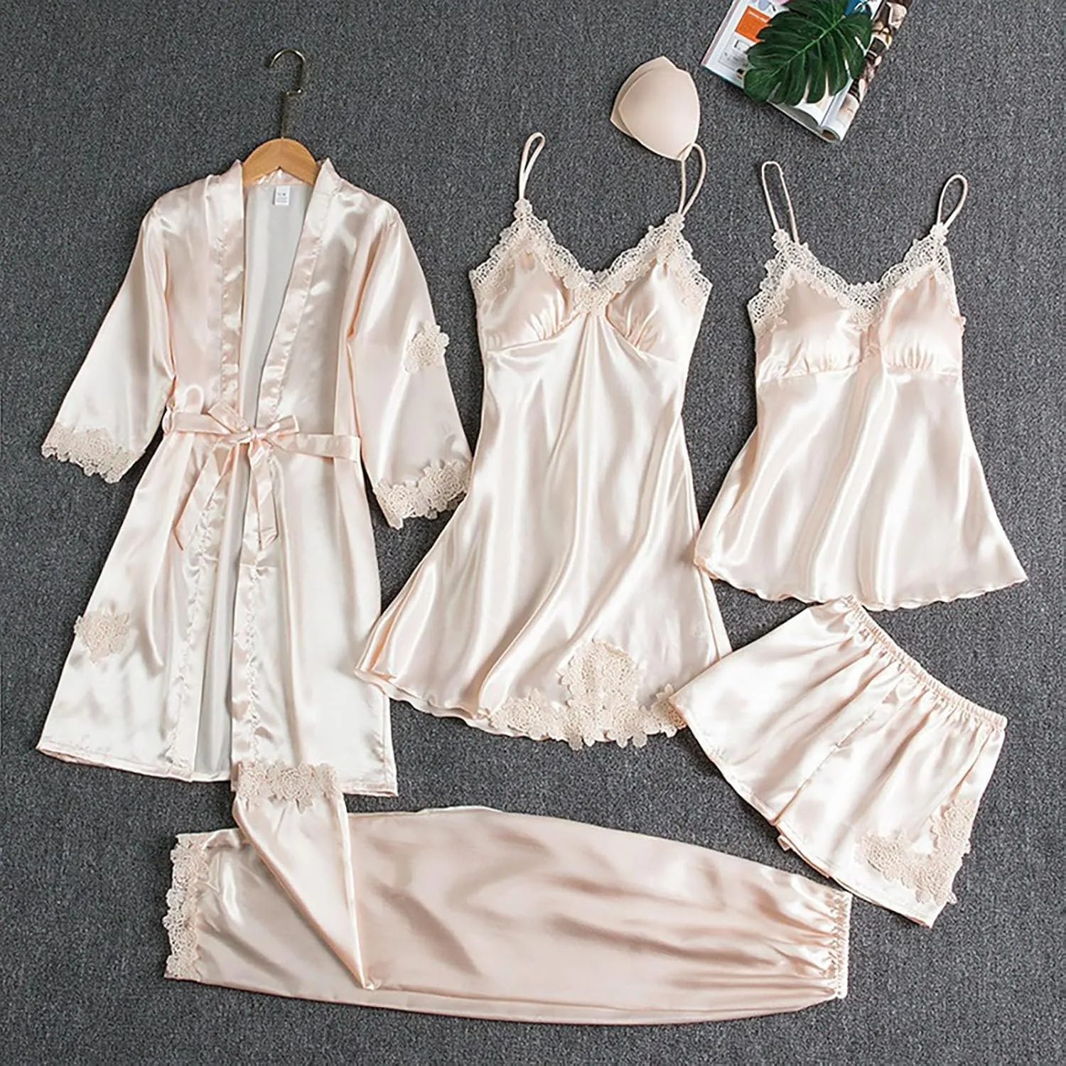 4/5pcs Silk Pajamas Set for Women Silk Lace Robe Dress Sleepwear Nightdress Pajamas Pants Set Soft Loungewear Set