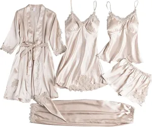 4/5pcs Silk Pajamas Set for Women Silk Lace Robe Dress Sleepwear Nightdress Pajamas Pants Set Soft Loungewear Set