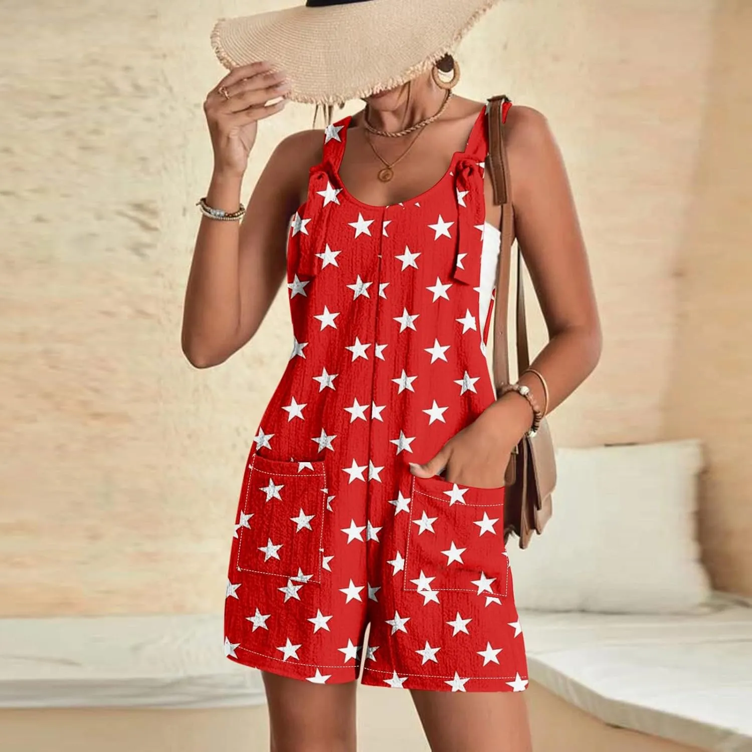 4th of July Rompers for Women American Flag Patriotic Overall Shorts Trendy Adjustable Strap Jumpsuit with Pockets