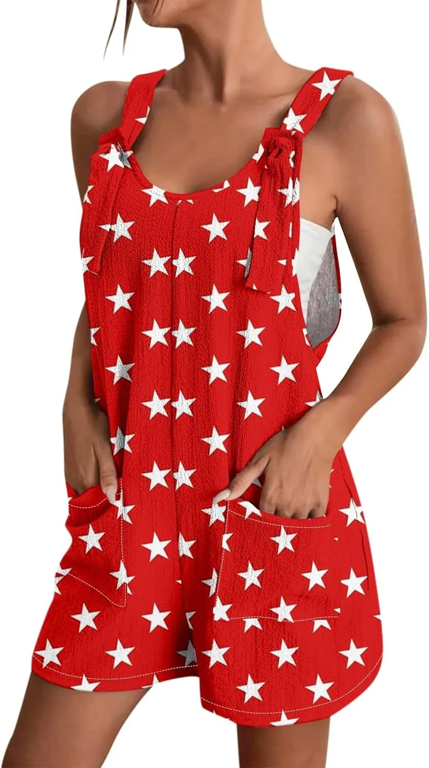 4th of July Rompers for Women American Flag Patriotic Overall Shorts Trendy Adjustable Strap Jumpsuit with Pockets