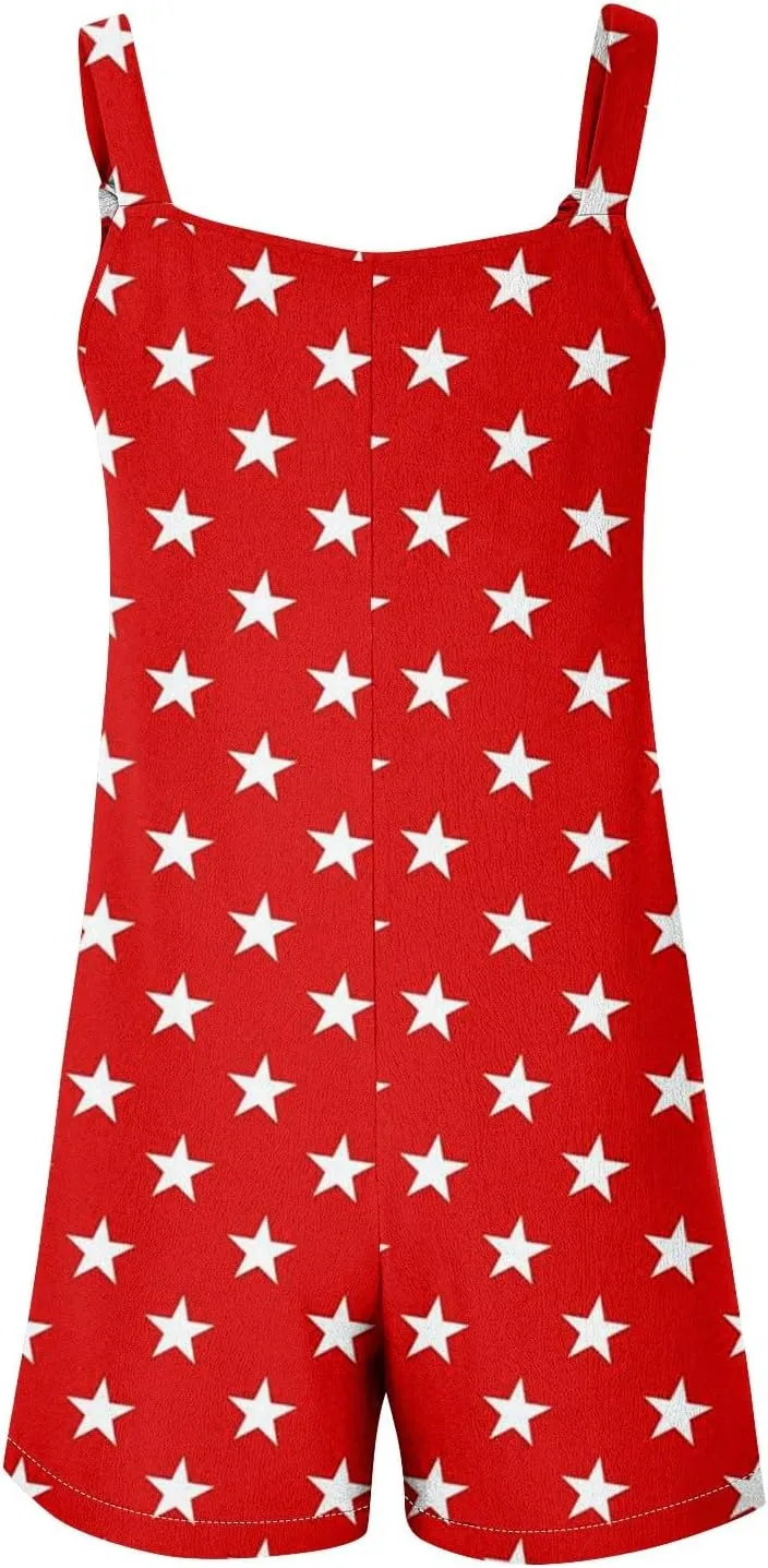 4th of July Rompers for Women American Flag Patriotic Overall Shorts Trendy Adjustable Strap Jumpsuit with Pockets