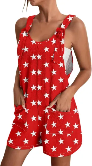 4th of July Rompers for Women American Flag Patriotic Overall Shorts Trendy Adjustable Strap Jumpsuit with Pockets