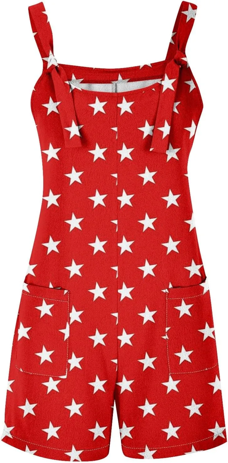 4th of July Rompers for Women American Flag Patriotic Overall Shorts Trendy Adjustable Strap Jumpsuit with Pockets