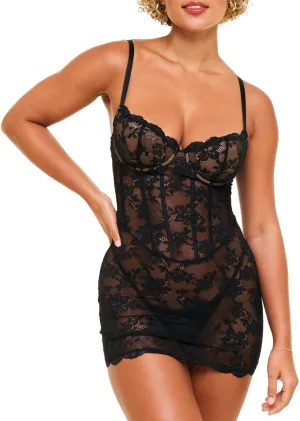 Adore Me Brielle Babydoll Dress & G-String Thong - XS-4X Regular & Plus-Size Lace Lingerie Set, Underwire Corset Top & Thong