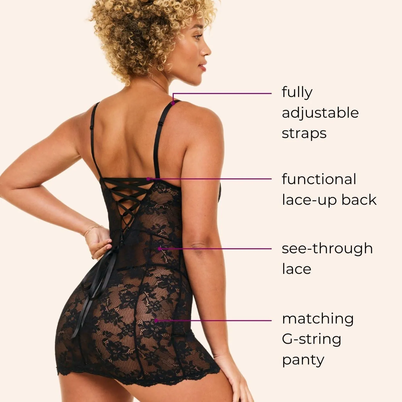Adore Me Brielle Babydoll Dress & G-String Thong - XS-4X Regular & Plus-Size Lace Lingerie Set, Underwire Corset Top & Thong