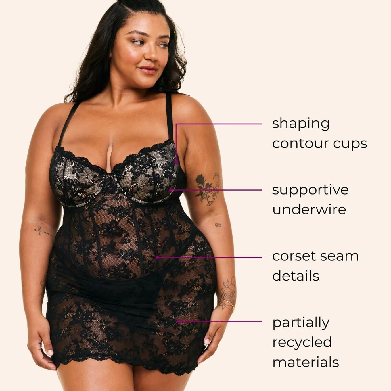 Adore Me Brielle Babydoll Dress & G-String Thong - XS-4X Regular & Plus-Size Lace Lingerie Set, Underwire Corset Top & Thong
