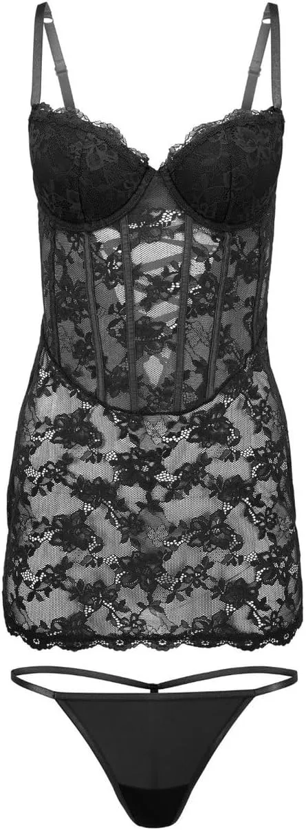 Adore Me Brielle Babydoll Dress & G-String Thong - XS-4X Regular & Plus-Size Lace Lingerie Set, Underwire Corset Top & Thong