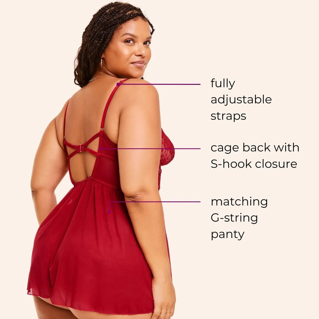 Adore Me Rae Babydoll Dress & G-String Thong - XS-4X Regular & Plus-Size Lace Lingerie Set, Underwire Plunge Bra & Thong
