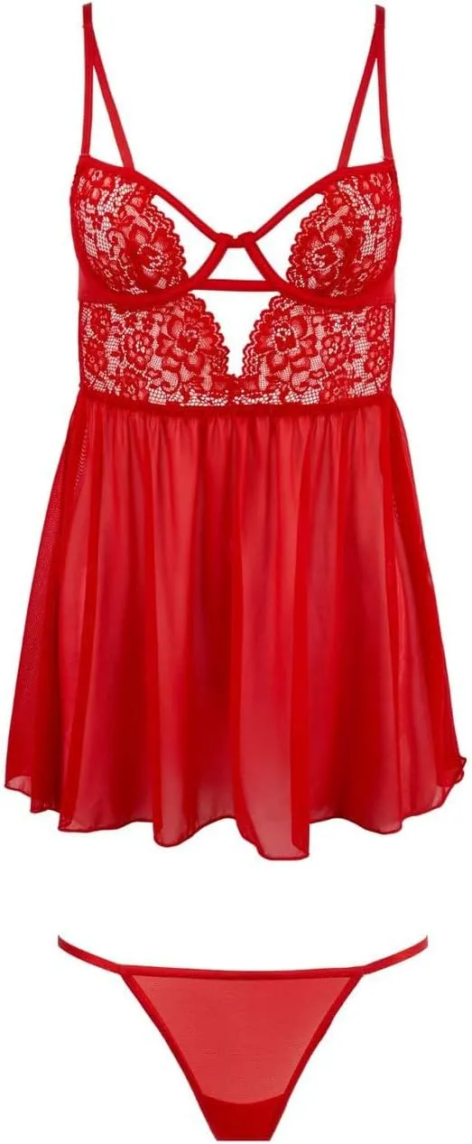 Adore Me Rae Babydoll Dress & G-String Thong - XS-4X Regular & Plus-Size Lace Lingerie Set, Underwire Plunge Bra & Thong