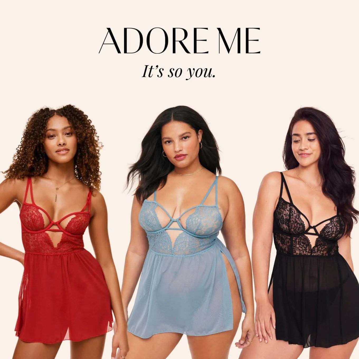 Adore Me Rae Babydoll Dress & G-String Thong - XS-4X Regular & Plus-Size Lace Lingerie Set, Underwire Plunge Bra & Thong