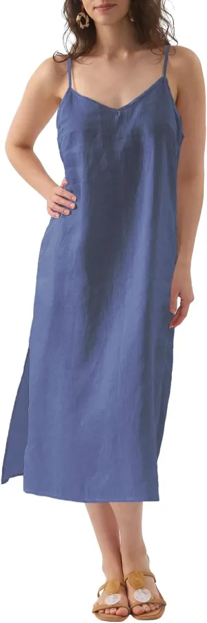 Amazhiyu Womens Pure Linen Summer V Neck Midi Spaghetti Strap Slip Dress with Pockets