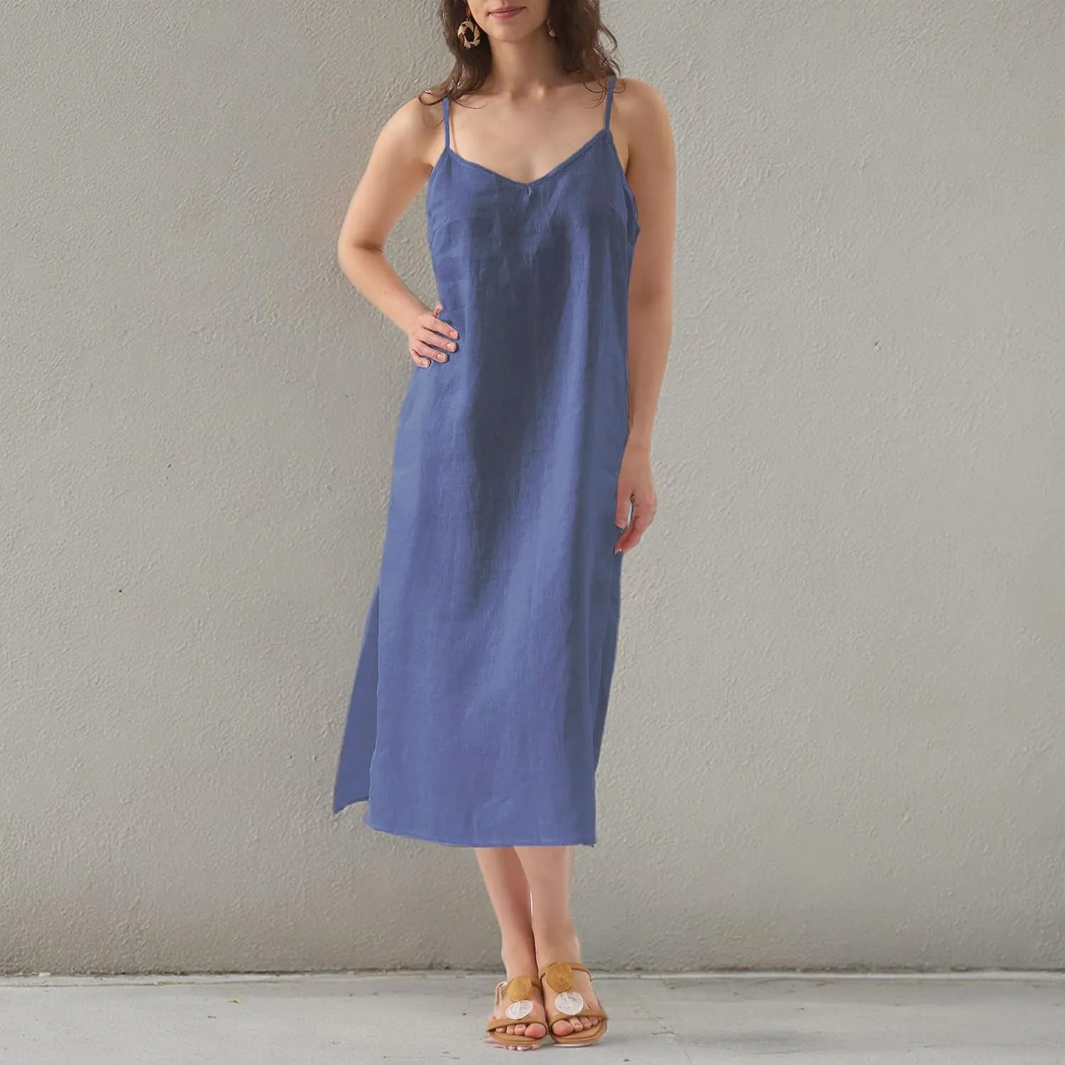 Amazhiyu Womens Pure Linen Summer V Neck Midi Spaghetti Strap Slip Dress with Pockets