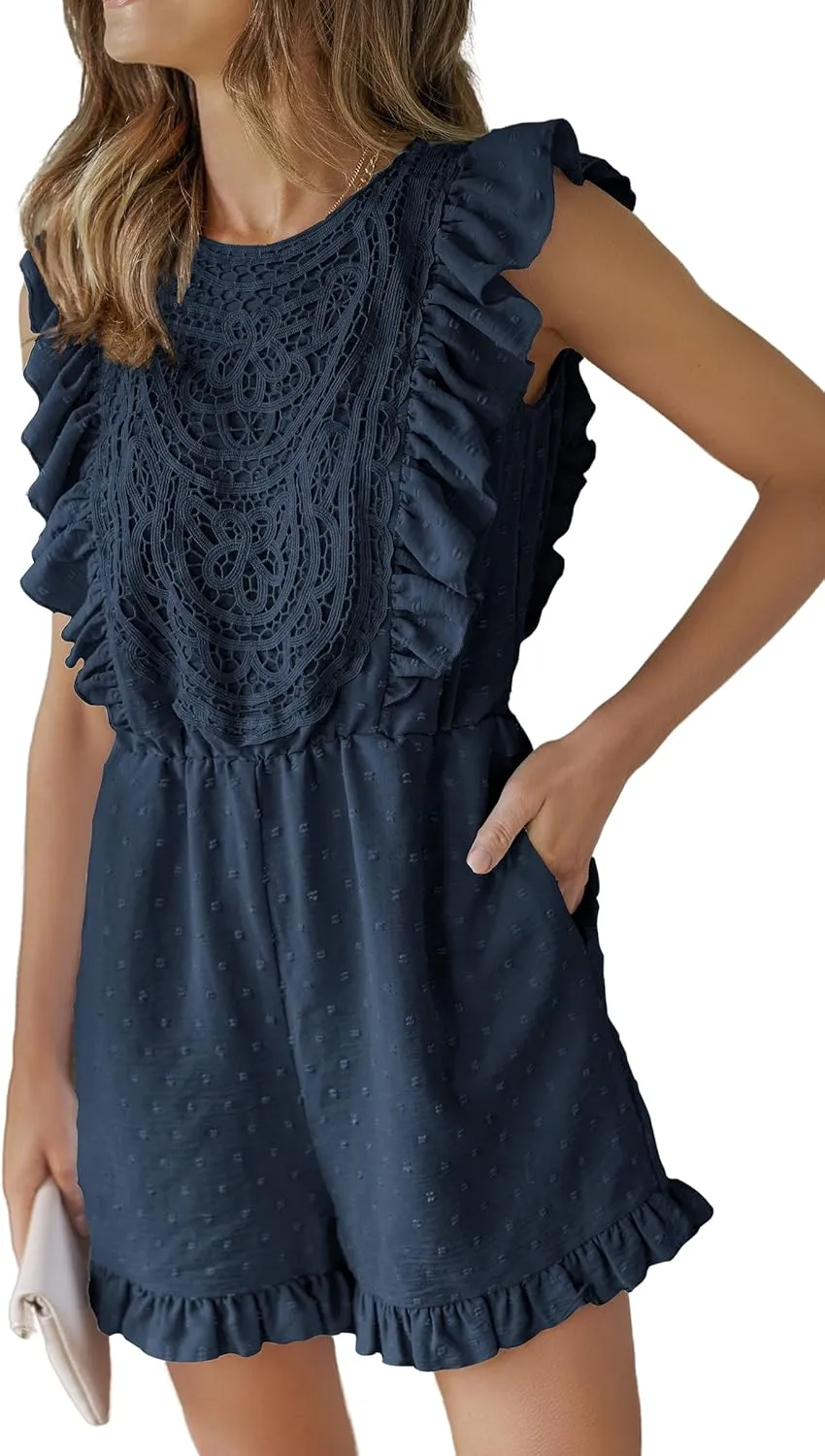 Angashion Womens Rompers 2025 Dressy Summer Casual Embroidery Lace Print One Piece Outfit Ruffle Shorts Jumpsuit