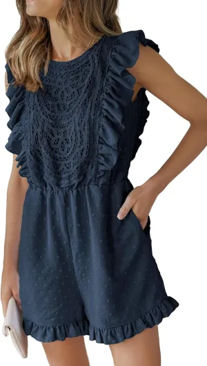 Angashion Womens Rompers 2025 Dressy Summer Casual Embroidery Lace Print One Piece Outfit Ruffle Shorts Jumpsuit