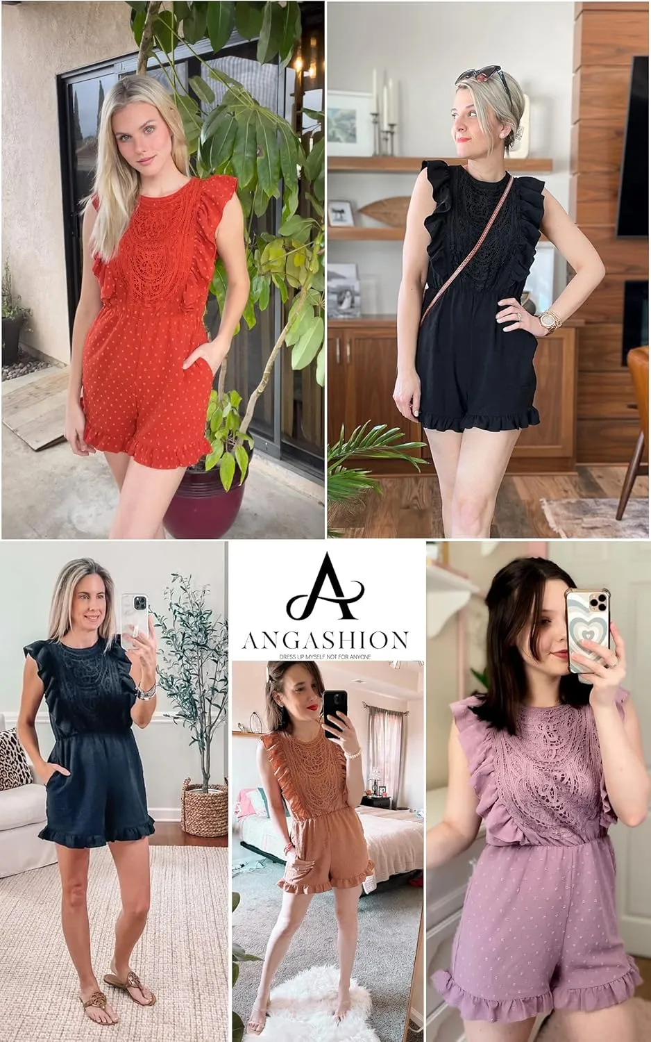 Angashion Womens Rompers 2025 Dressy Summer Casual Embroidery Lace Print One Piece Outfit Ruffle Shorts Jumpsuit