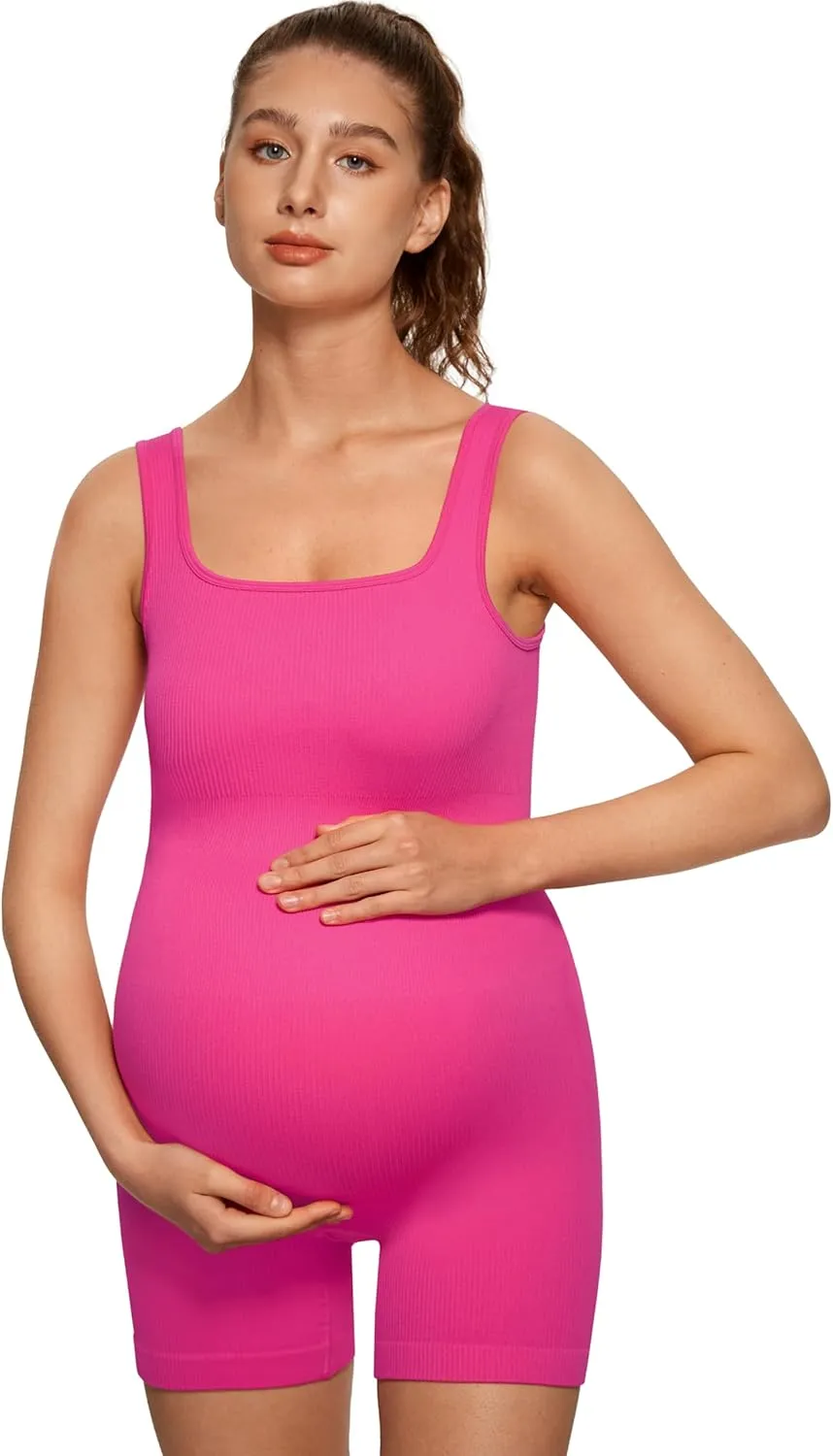 Angelhood Women's Maternity Bodysuit Ribbed Yoga Maternity Romper Pregnancy Shapewear Sleeveless Tank Top Jumpsuit