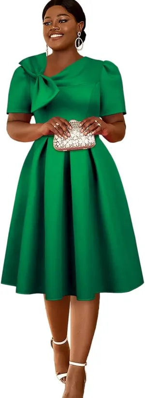 AOMEI Women's Casual Short Sleeve Church Dress Sweet Bow Asymmetric Neck A Line Midi Dress