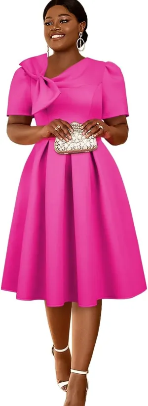 AOMEI Women's Casual Short Sleeve Church Dress Sweet Bow Asymmetric Neck A Line Midi Dress