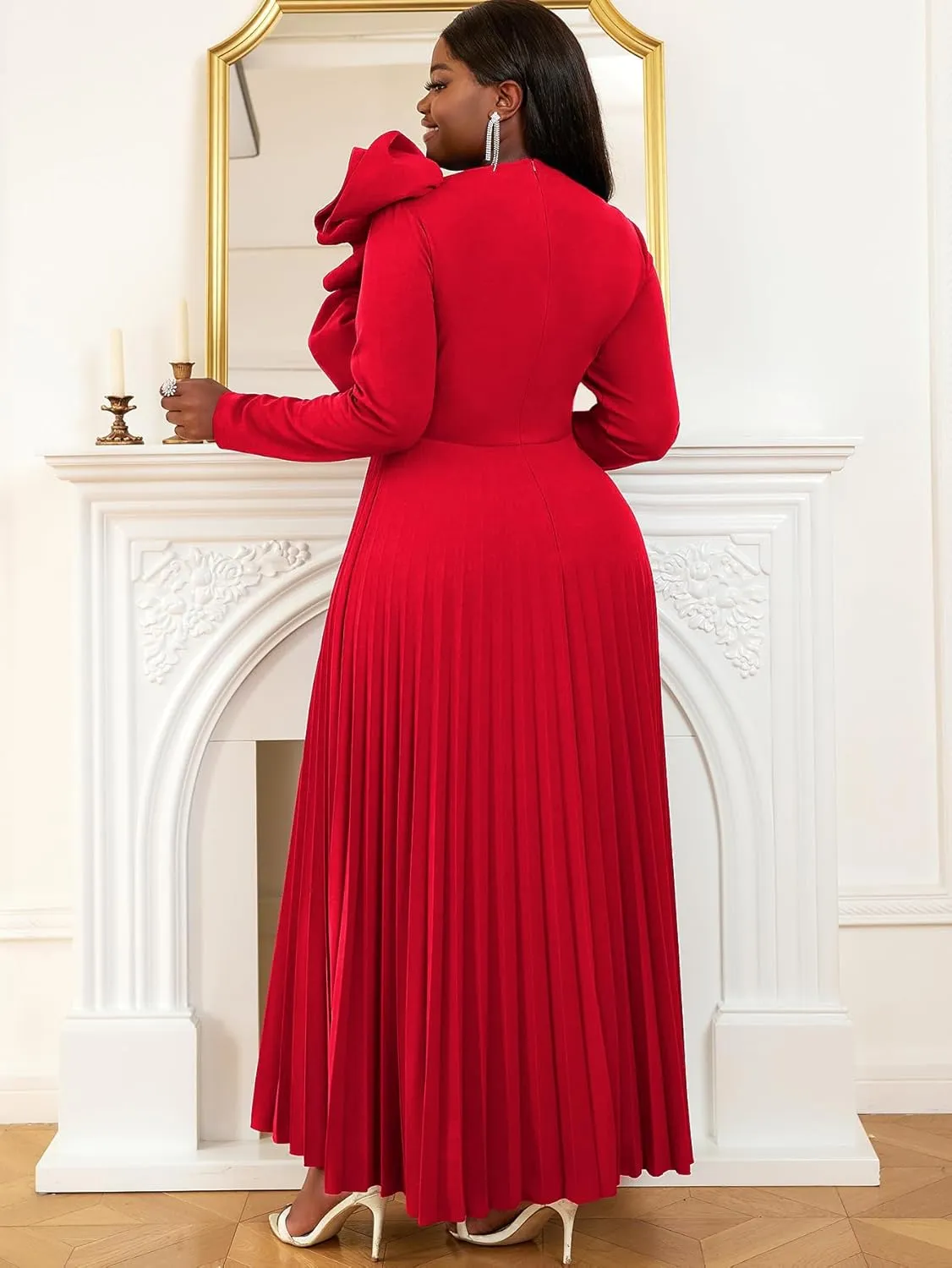 AOMEI Women's Long Sleeve with Asymmetrical Ruffles Pleated A-Line Maxi Dress