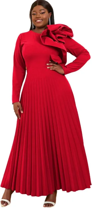 AOMEI Women's Long Sleeve with Asymmetrical Ruffles Pleated A-Line Maxi Dress