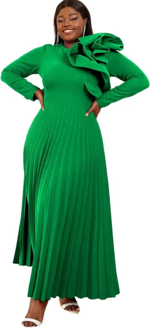 AOMEI Women's Long Sleeve with Asymmetrical Ruffles Pleated A-Line Maxi Dress