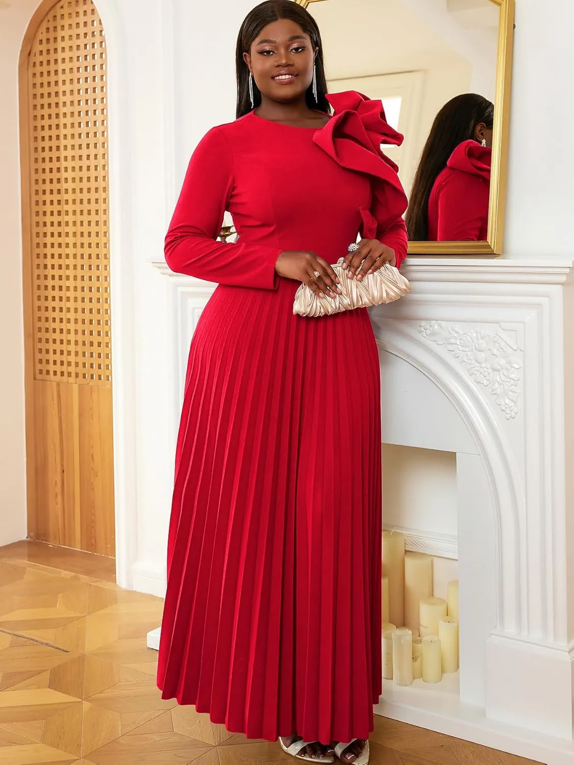 AOMEI Women's Long Sleeve with Asymmetrical Ruffles Pleated A-Line Maxi Dress
