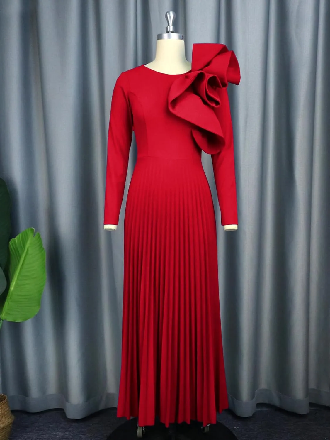 AOMEI Women's Long Sleeve with Asymmetrical Ruffles Pleated A-Line Maxi Dress