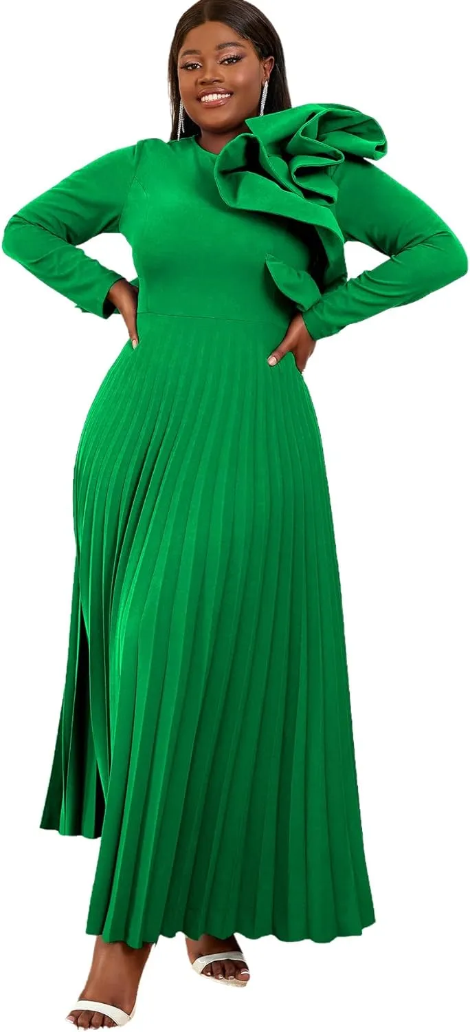 AOMEI Women's Long Sleeve with Asymmetrical Ruffles Pleated A-Line Maxi Dress