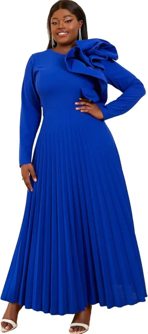 AOMEI Women's Long Sleeve with Asymmetrical Ruffles Pleated A-Line Maxi Dress