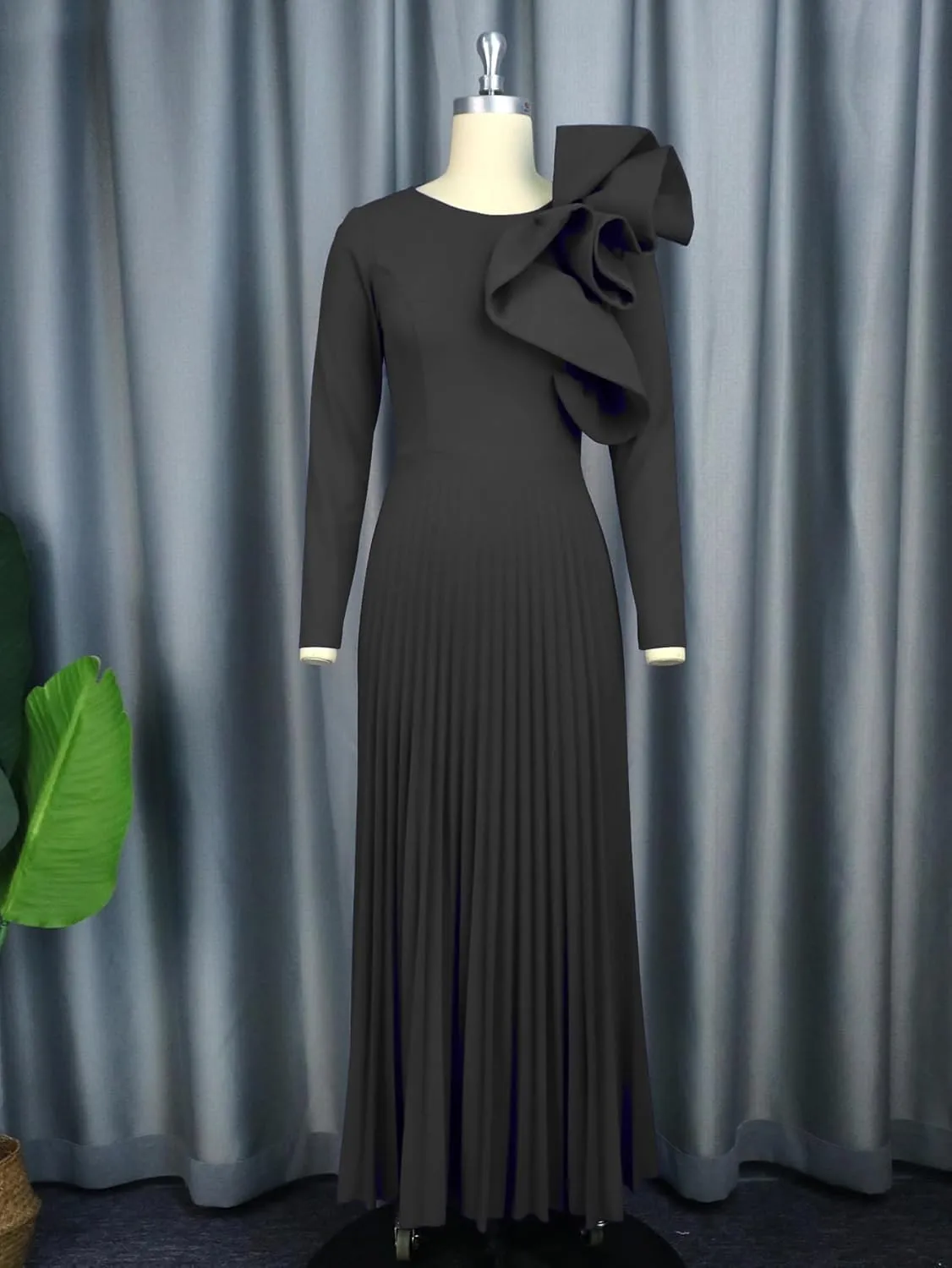 AOMEI Women's Long Sleeve with Asymmetrical Ruffles Pleated A-Line Maxi Dress