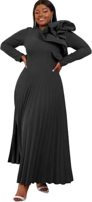 AOMEI Women's Long Sleeve with Asymmetrical Ruffles Pleated A-Line Maxi Dress