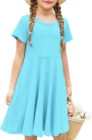 Arshiner Girls Dress Basic Short Sleeve A Line Swing Skater Twirl School Party Dress