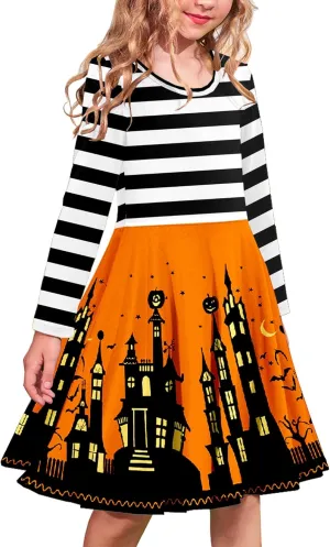 Arshiner Girls Long Sleeve Stretchy Dress A line Twirly Skater School Party Dress