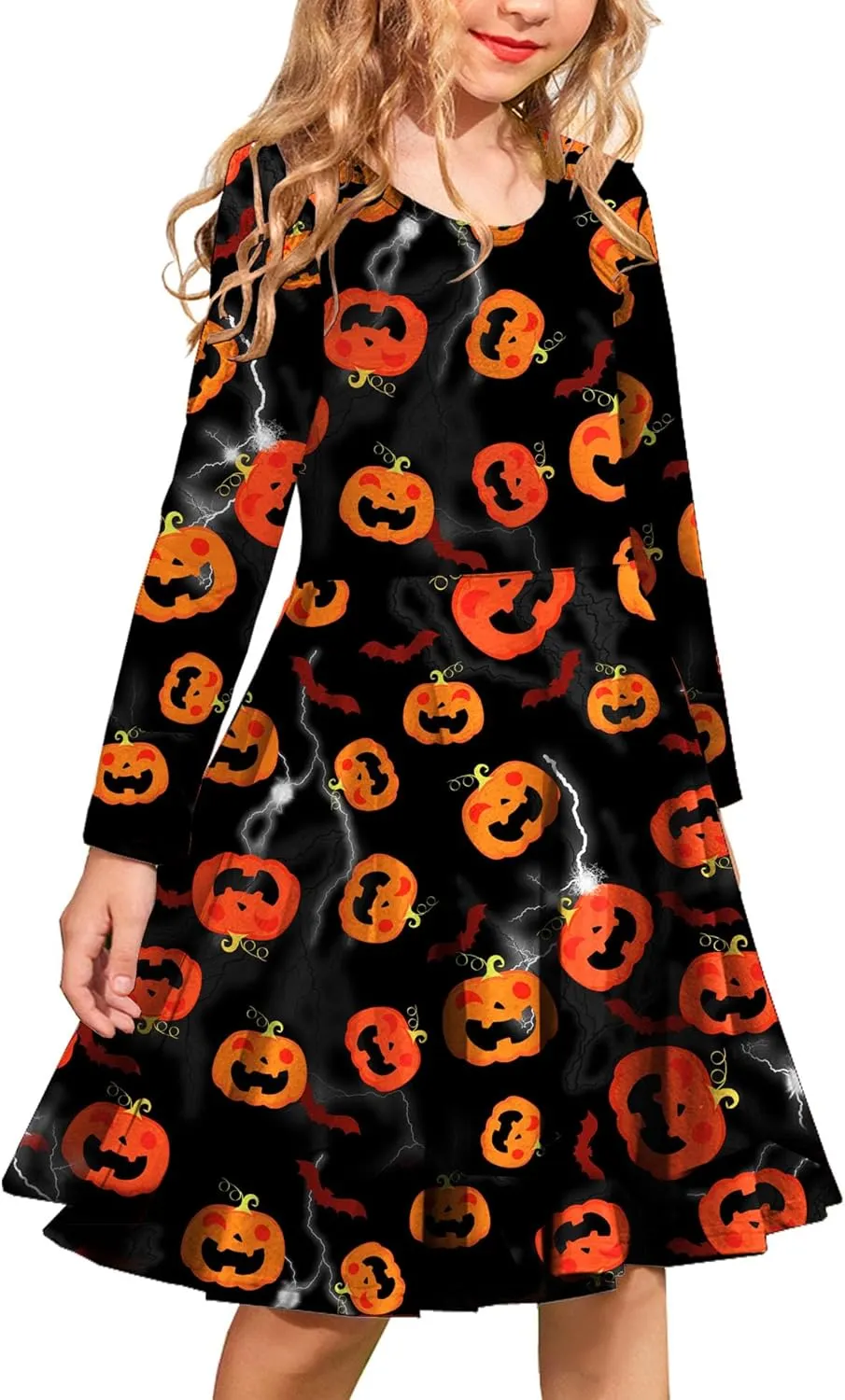 Arshiner Girls Long Sleeve Stretchy Dress A line Twirly Skater School Party Dress