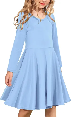 Arshiner Girls Long Sleeve Stretchy Dress A line Twirly Skater School Party Dress