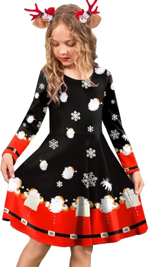 Arshiner Girls Long Sleeve Stretchy Dress A line Twirly Skater School Party Dress