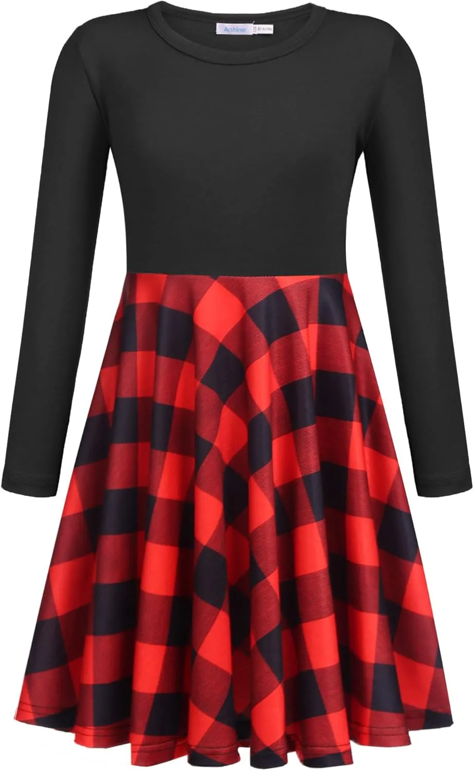 Arshiner Girls Long Sleeve Stretchy Dress A line Twirly Skater School Party Dress