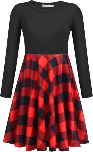 Arshiner Girls Long Sleeve Stretchy Dress A line Twirly Skater School Party Dress