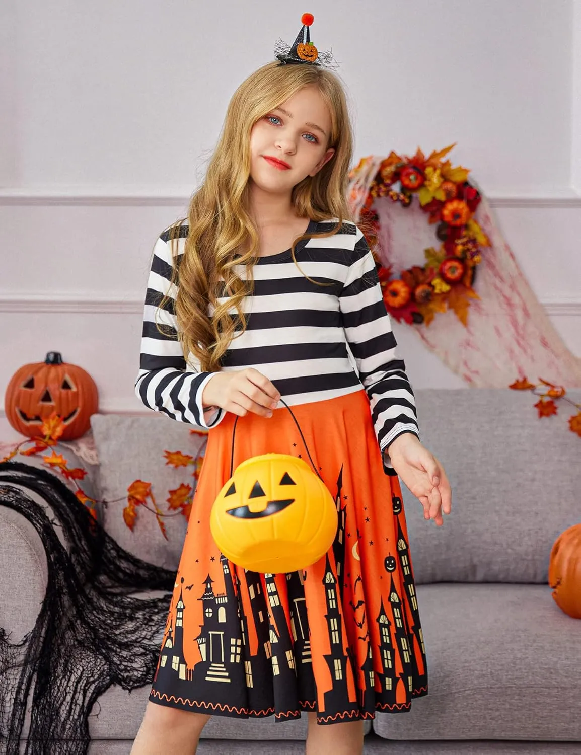Arshiner Girls Long Sleeve Stretchy Dress A line Twirly Skater School Party Dress