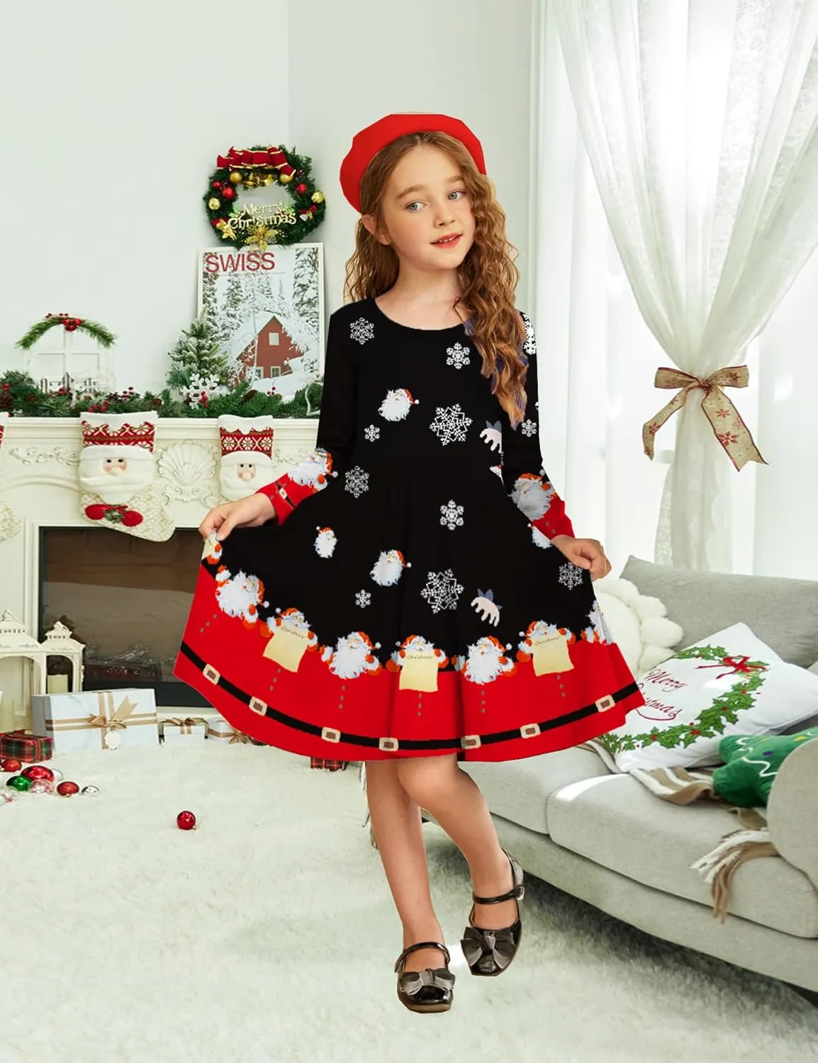 Arshiner Girls Long Sleeve Stretchy Dress A line Twirly Skater School Party Dress
