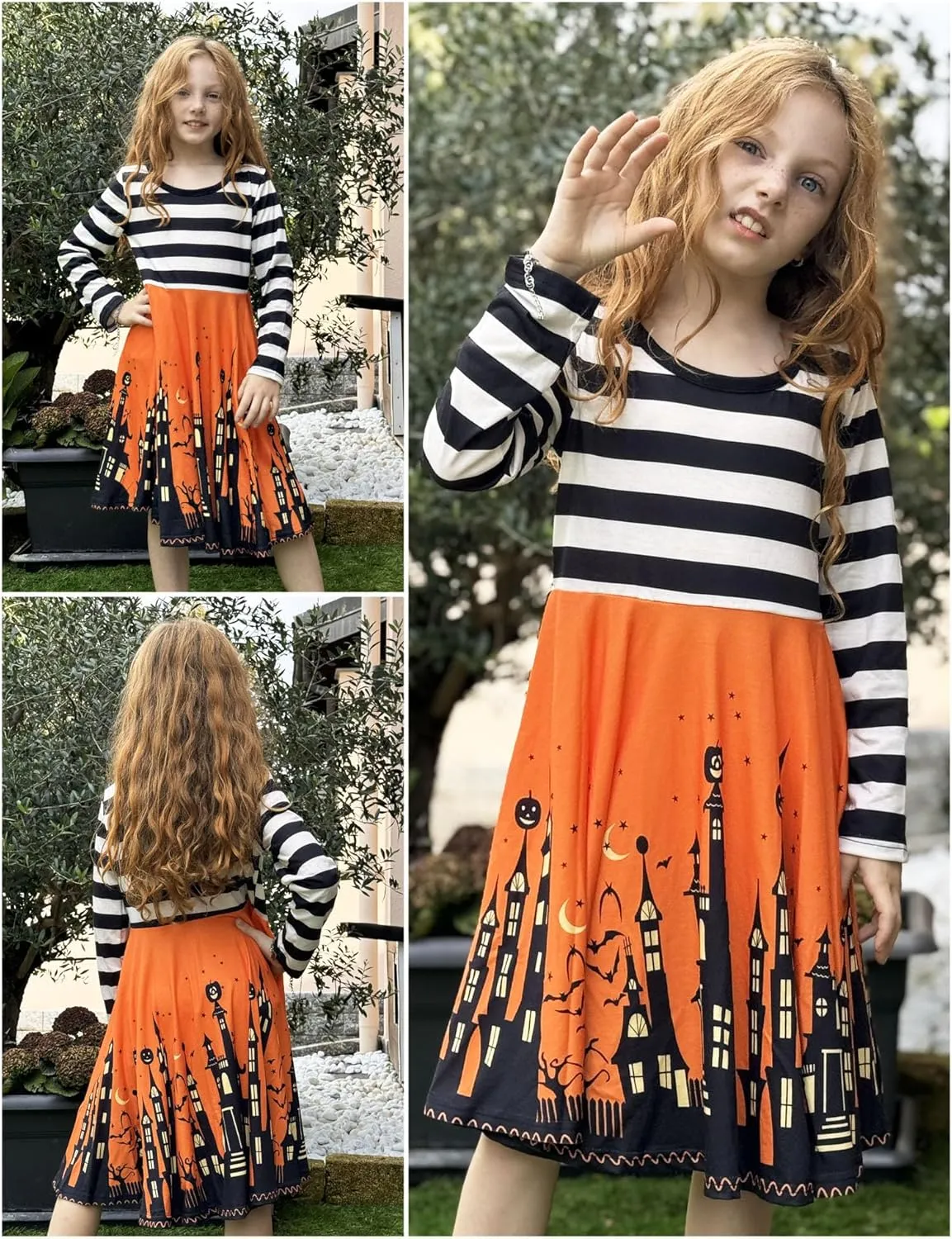 Arshiner Girls Long Sleeve Stretchy Dress A line Twirly Skater School Party Dress