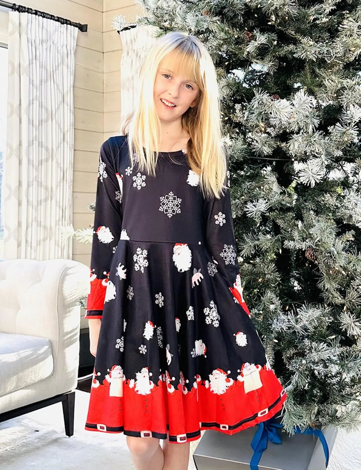 Arshiner Girls Long Sleeve Stretchy Dress A line Twirly Skater School Party Dress