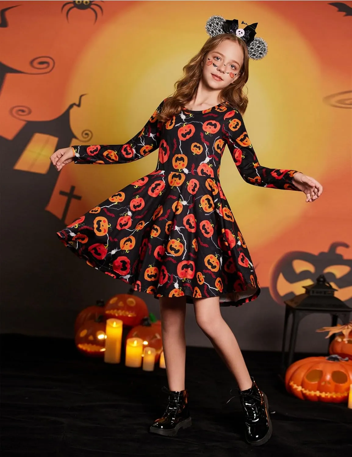 Arshiner Girls Long Sleeve Stretchy Dress A line Twirly Skater School Party Dress